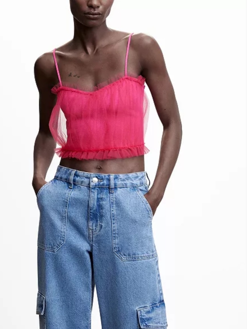 Mango Hot Pink Sheer Chiffon Sweetheart Camisole